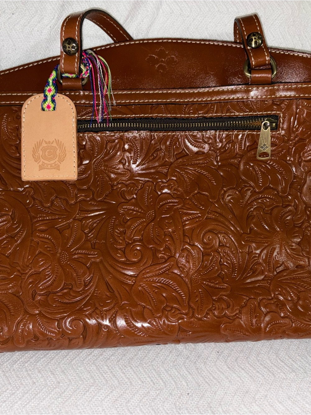 Patricia Nash Embossed Floral Leather Tote - Cognac Brown with Tan Tag